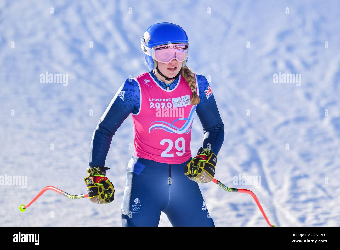 Losanna, Svizzera. 10th, 2020 gen. Sophie Foster di Gran Bretagna compete in sci alpino: Donna Super-G durante il Lausanne 2020 Olimpiadi della Gioventù a Vaudoise Arena il Venerdì, 10 gennaio 2020. Losanna, Svizzera. Credito: Taka G Wu/Alamy Live News Foto Stock