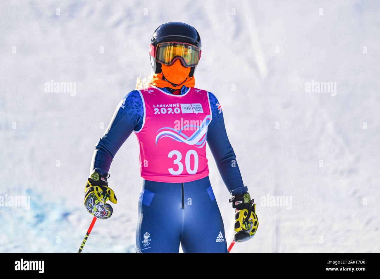 Losanna, Svizzera. 10th, 2020 gen. Daisi Daniels di Gran Bretagna compete in sci alpino: Donna Super-G durante il Lausanne 2020 Olimpiadi della Gioventù a Vaudoise Arena il Venerdì, 10 gennaio 2020. Losanna, Svizzera. Credito: Taka G Wu/Alamy Live News Foto Stock