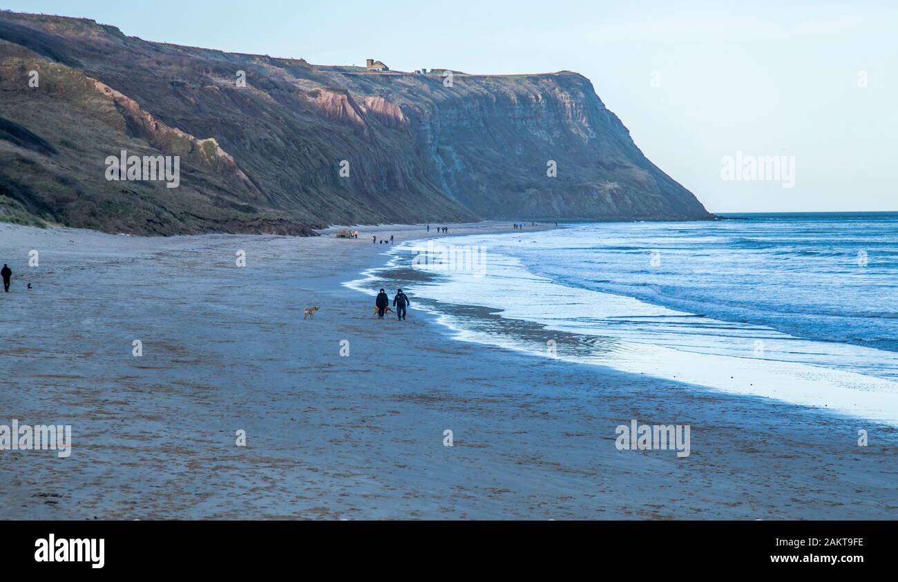 La spiaggia, il mare e le sue coste a Skinningrove,l'Inghilterra,UK con persone che esercitano i loro cani Foto Stock