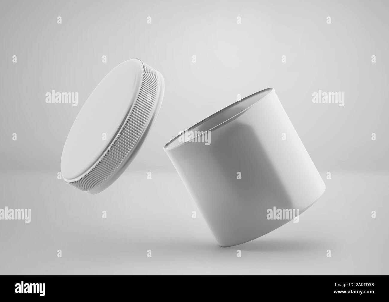 Mockup vaso in plastica crema bianca cosmetica, rendering 3d, isolato su sfondo chiaro, contenitore in plastica bianco chiaro mock-up, pronto per il vostro design Foto Stock