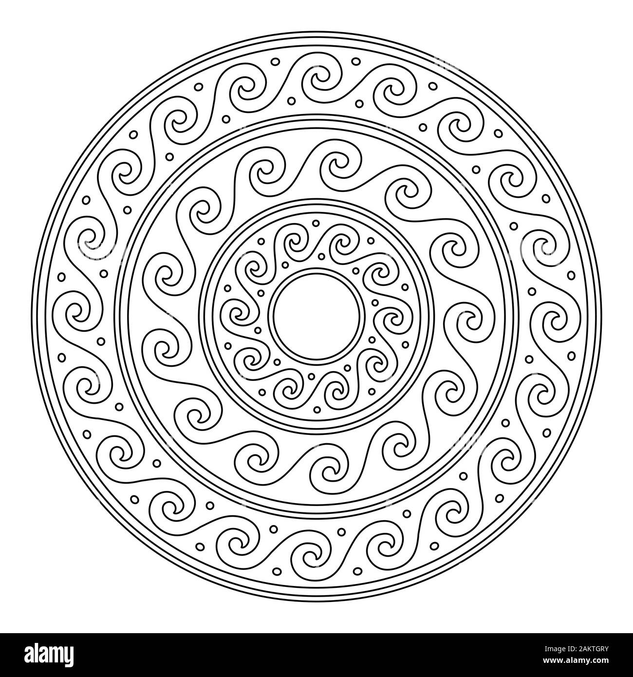 Vettore greco mandala di corsa, antico meandro rotonda arte in cerchio isolato su bianco perfetto per adulti libri da colorare Illustrazione Vettoriale