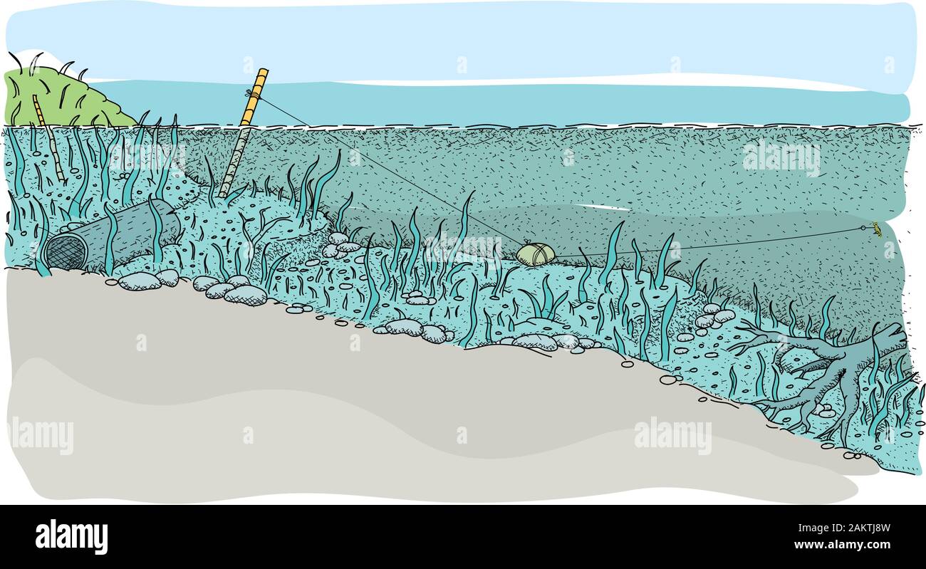 La pesca artigianale tecnica nel fiume chiamato Pindo: La tecnica è di far aderire un bastone vicino alla riva, legare una pietra per il bastone e il tirante del gancio Illustrazione Vettoriale