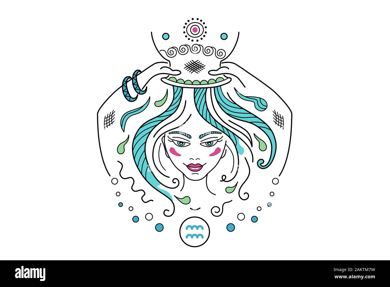 Aquarius costellazione zodiaco segno illustrazione, ornamento di fantasia in stile fairy. La ragazza o la donna prendono una doccia da una pentola, lavando i capelli lunghi. Shampoo l Foto Stock