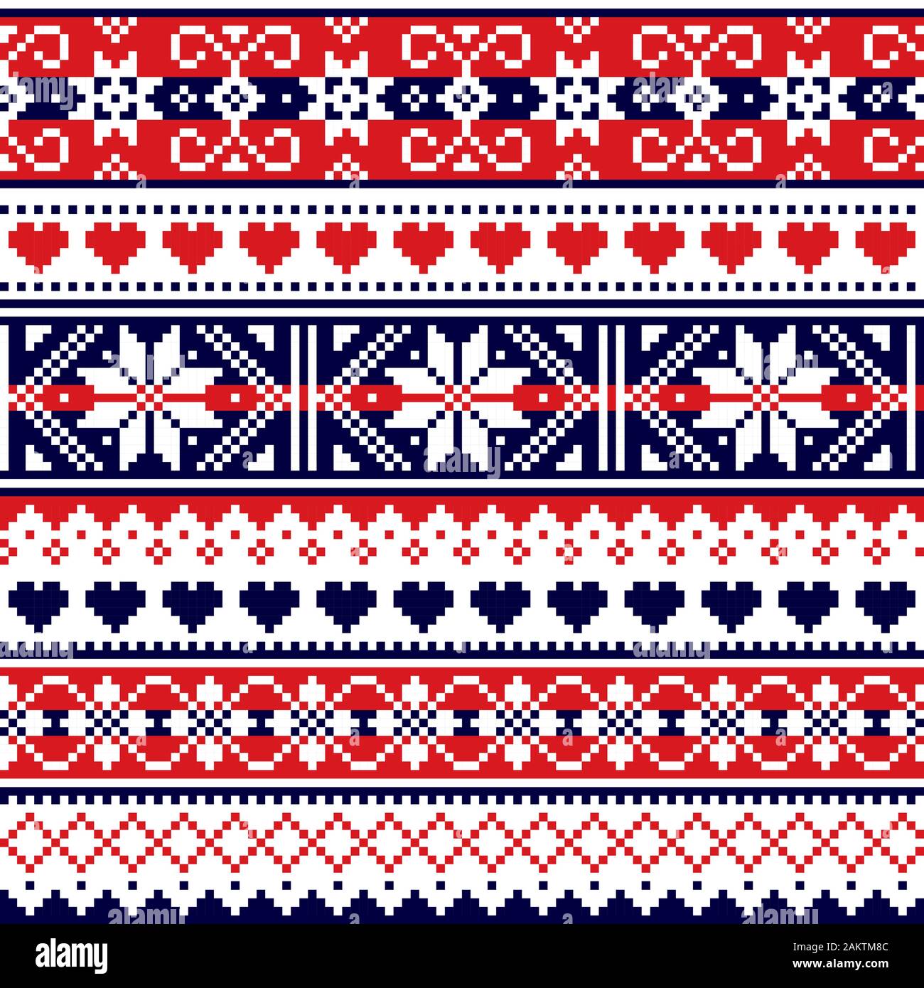 Scottish Fair Isle tradizionali stile vettore di maglieria seamless pattern, retrò maglia Shtelands design ripetitiva con i fiocchi di neve e di cuori Illustrazione Vettoriale