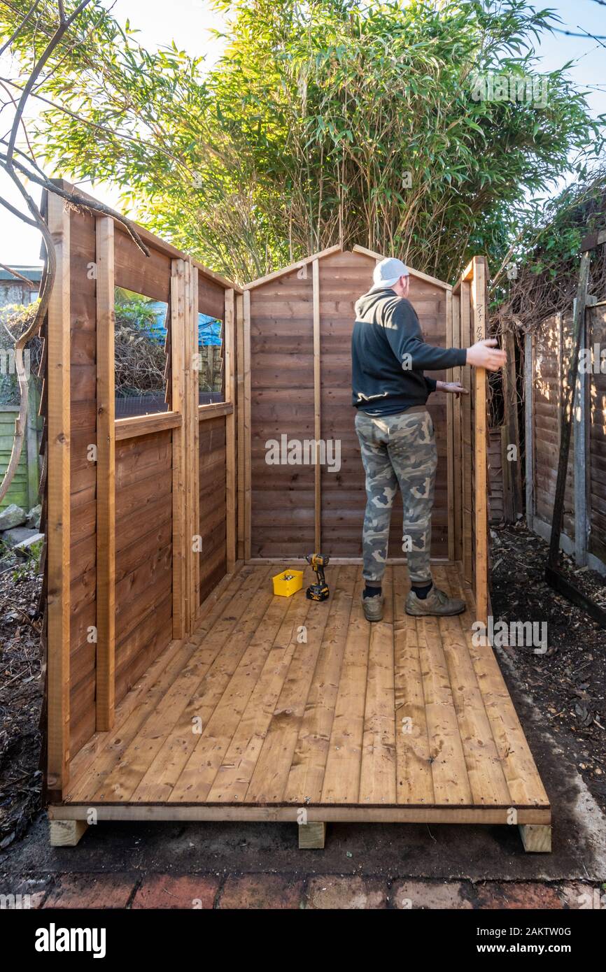 Uomo che erige un capannone giardino Foto Stock