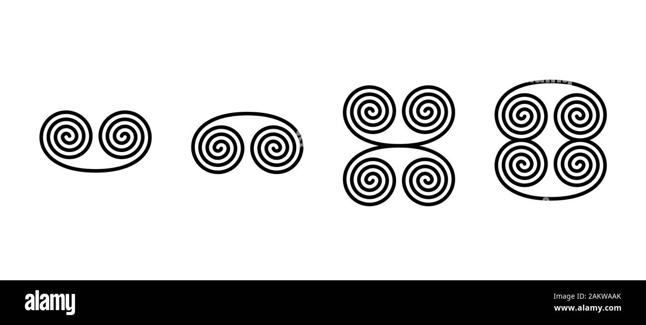 Forma a spirale ornamenti. Collegate due spirali lineari formando la fibbia o conformato a voluta simboli, anche combinati in due diverse figure. Foto Stock