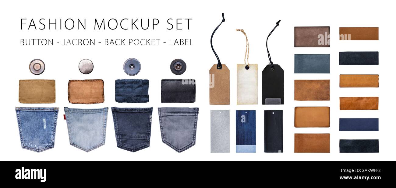 Jeans e denim etichetta set mockup, pulsante, jacron, tasca posteriore e etichetta tag. Sfondo isolato Foto Stock