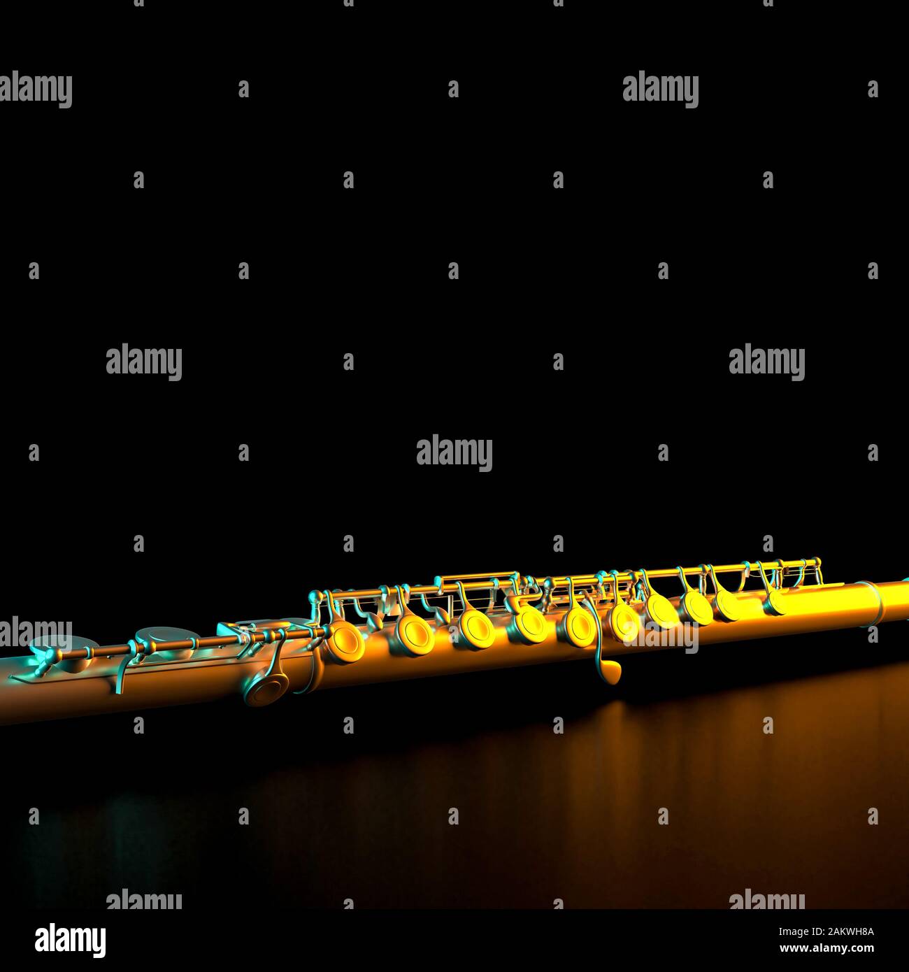 Trasversale flauto metallico su sfondo nero e luci colorate. 3D render image. Musica classica e concetto di intrattenimento. Foto Stock