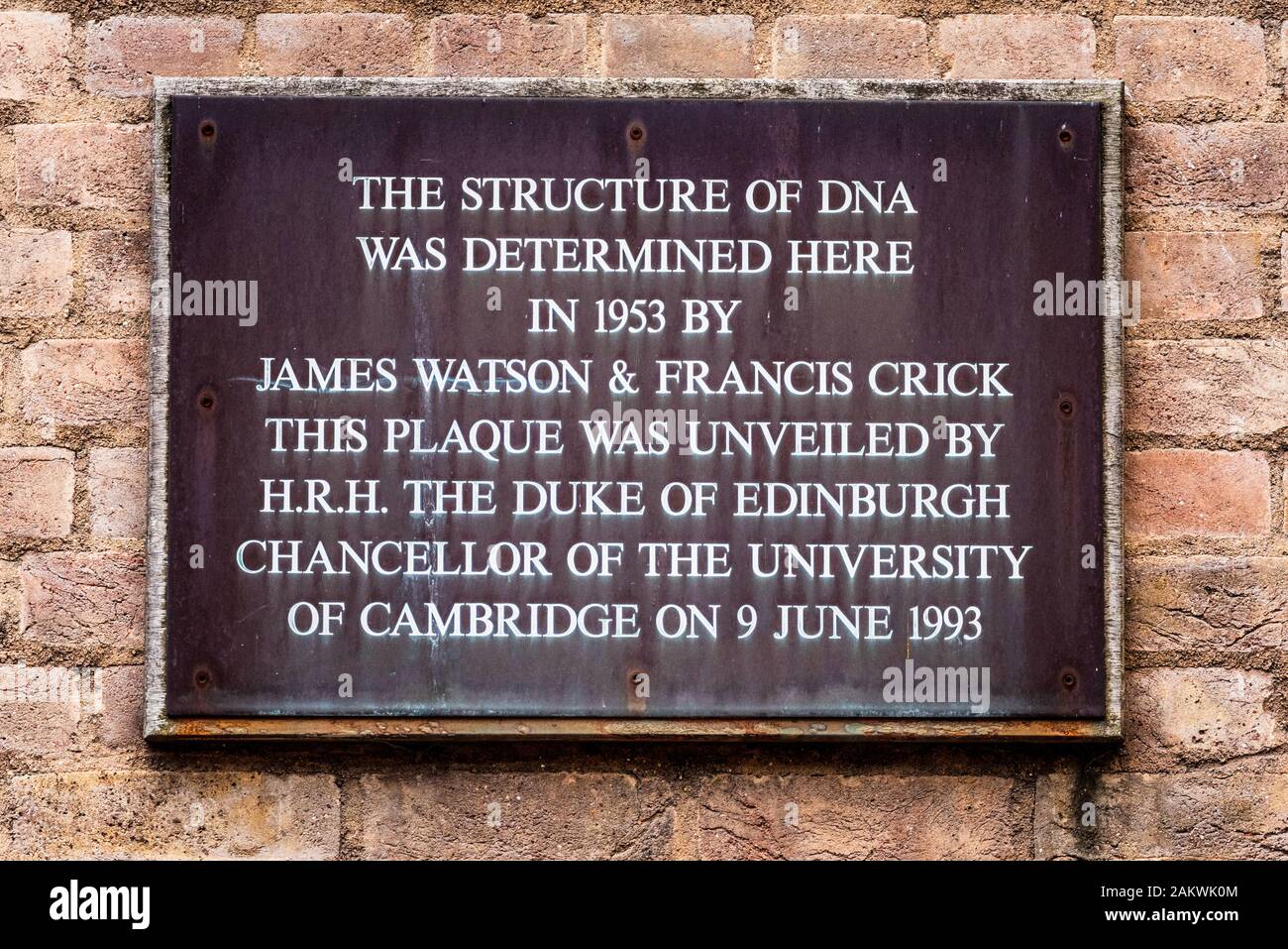 La struttura del DNA la placca Cambridge - lapide che ricorda la scoperta della struttura del DNA presso il vecchio Laboratorio Cavendish presso l'Università di Cambridge. Foto Stock