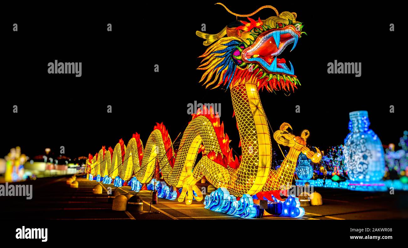 festa cinese drago lanterna panoramica notte Foto Stock