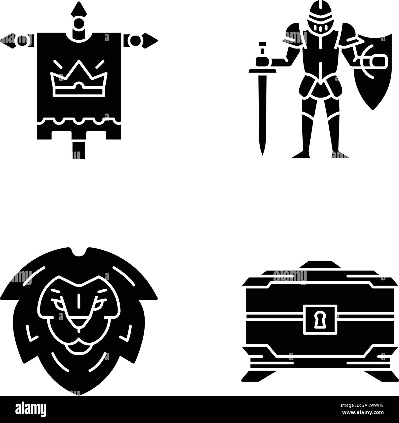 Glifo medievale set di icone. Re bandiera, testa leone scudo, scrigno, cavaliere in piena completa armatura con spada e scudo. Simboli di Silhouette. Vettore Illustrazione Vettoriale