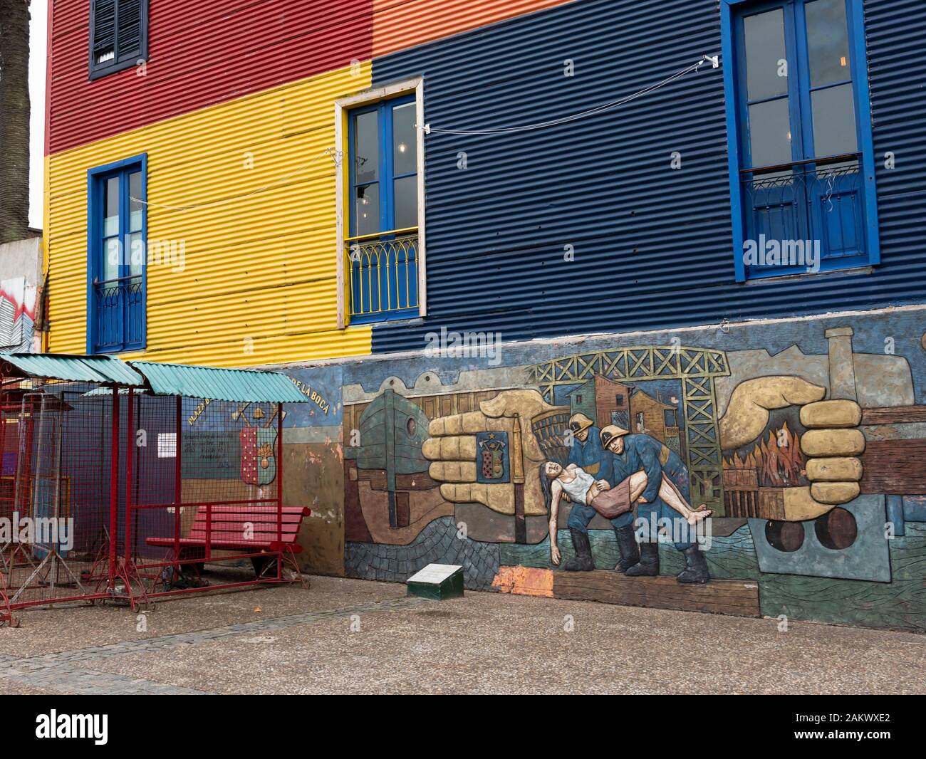 Vigili del fuoco volontari memorial, El Caminito, La Boca, Buenos Aires, Argentina. Foto Stock