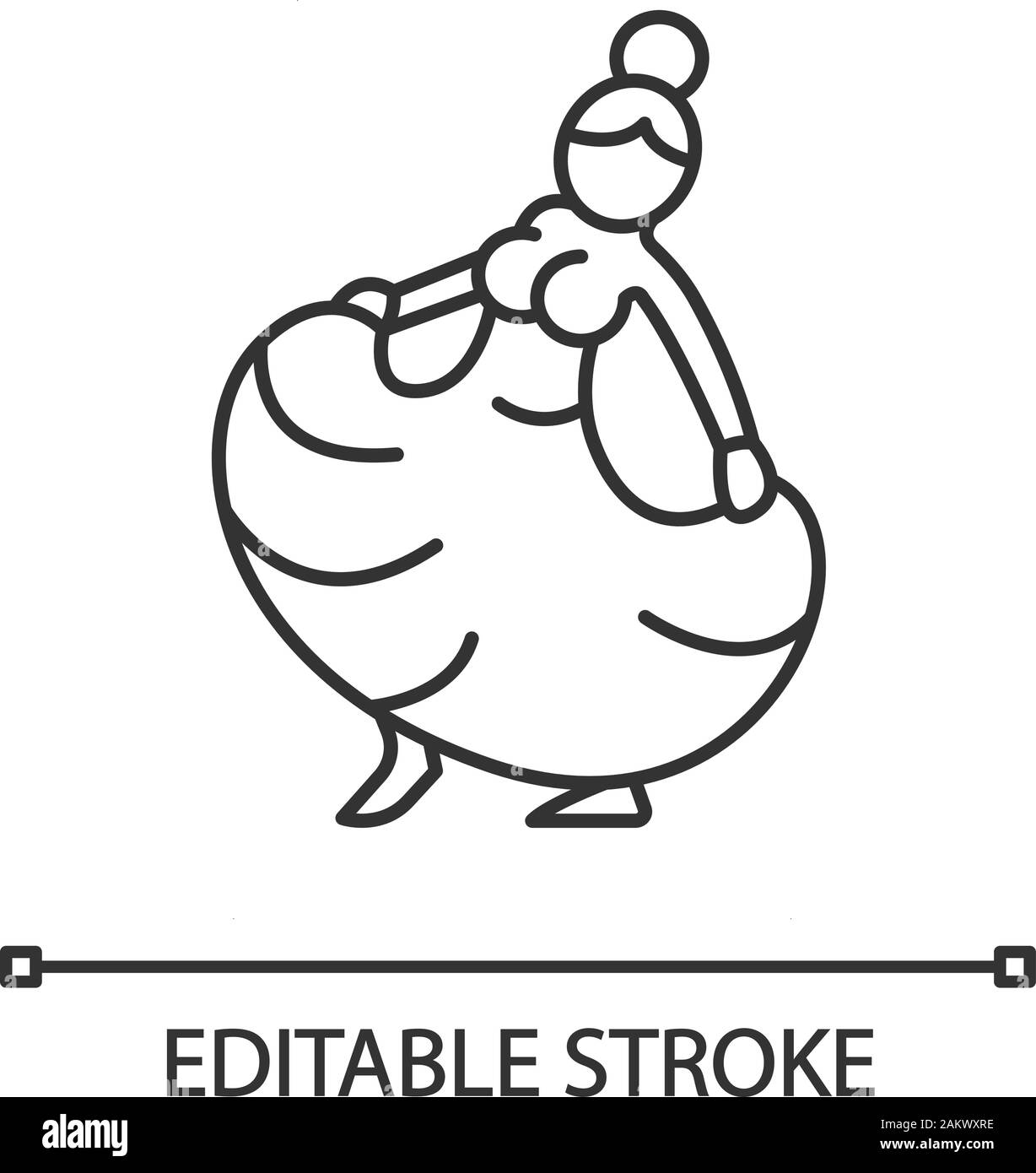 Donna messicana ballerino icona lineare. Flamenco Tap dance. Ballerino in abiti lunghi. Linea sottile illustrazione. Simbolo di contorno. Il vettore isolato schizzo. E Illustrazione Vettoriale