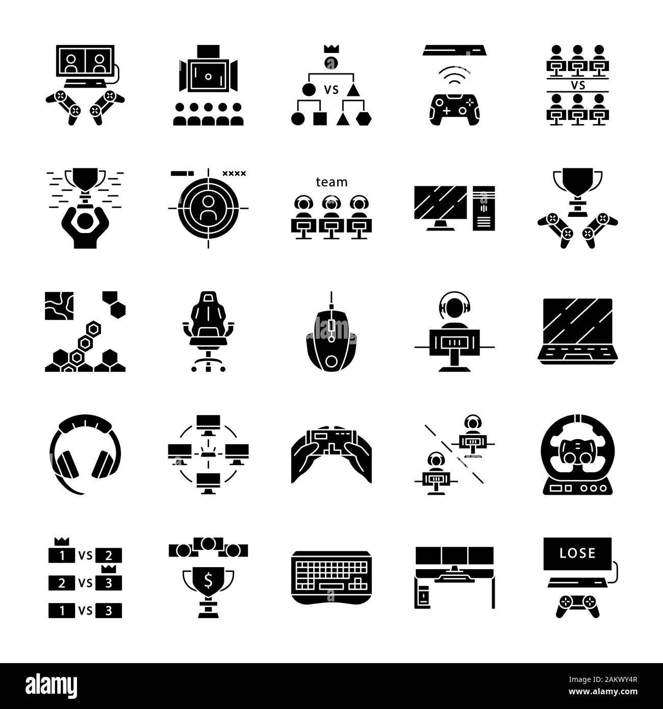 Esports glifo set di icone. Dispositivo di gioco e gadget. Video di tornei di gioco. Simboli di Silhouette. Vettore illustrazione isolato Illustrazione Vettoriale