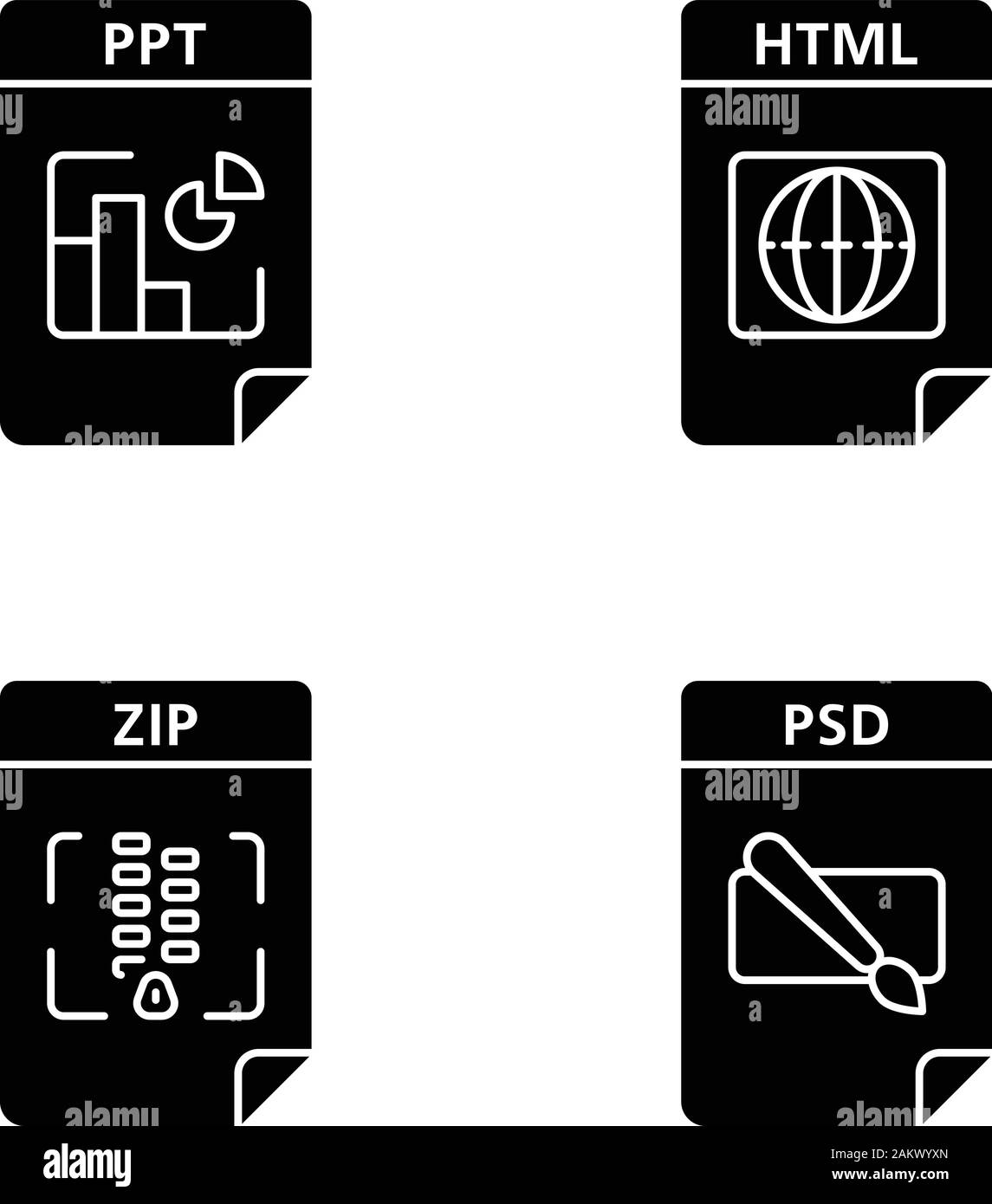 Formato dei file di icone glyph set. Presentazione, pagina web, archivio, i file di immagine. PPT, HTML, ZIP, PSD. Simboli di Silhouette. Vettore illustrazione isolato Illustrazione Vettoriale