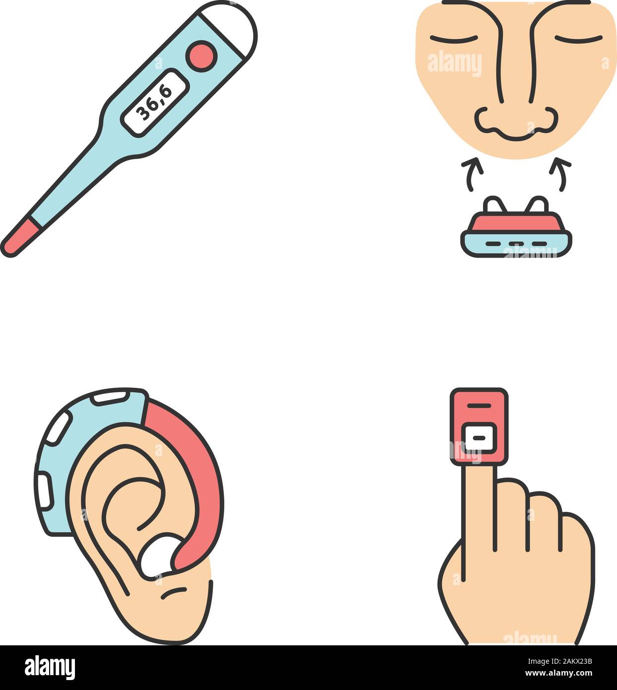 Dispositivi medici le icone a colori set. Termometro, anti russamento stringinaso, audizione amplificatore, finger pulse oximeter. Il monitor di temperatura, orecchio Migliora suono Illustrazione Vettoriale