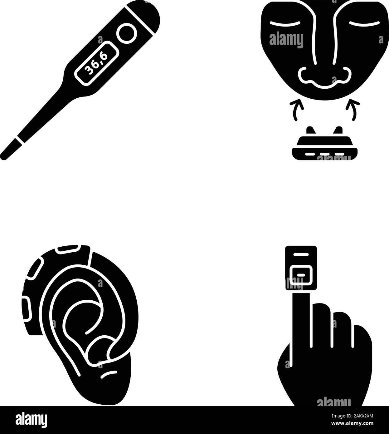 Dispositivi medici glifo set di icone. Termometro, anti russamento clip, audizione amplificatore, finger pulse oximeter. Inalatore, orecchio Migliora suono, il test del glucosio. Illustrazione Vettoriale