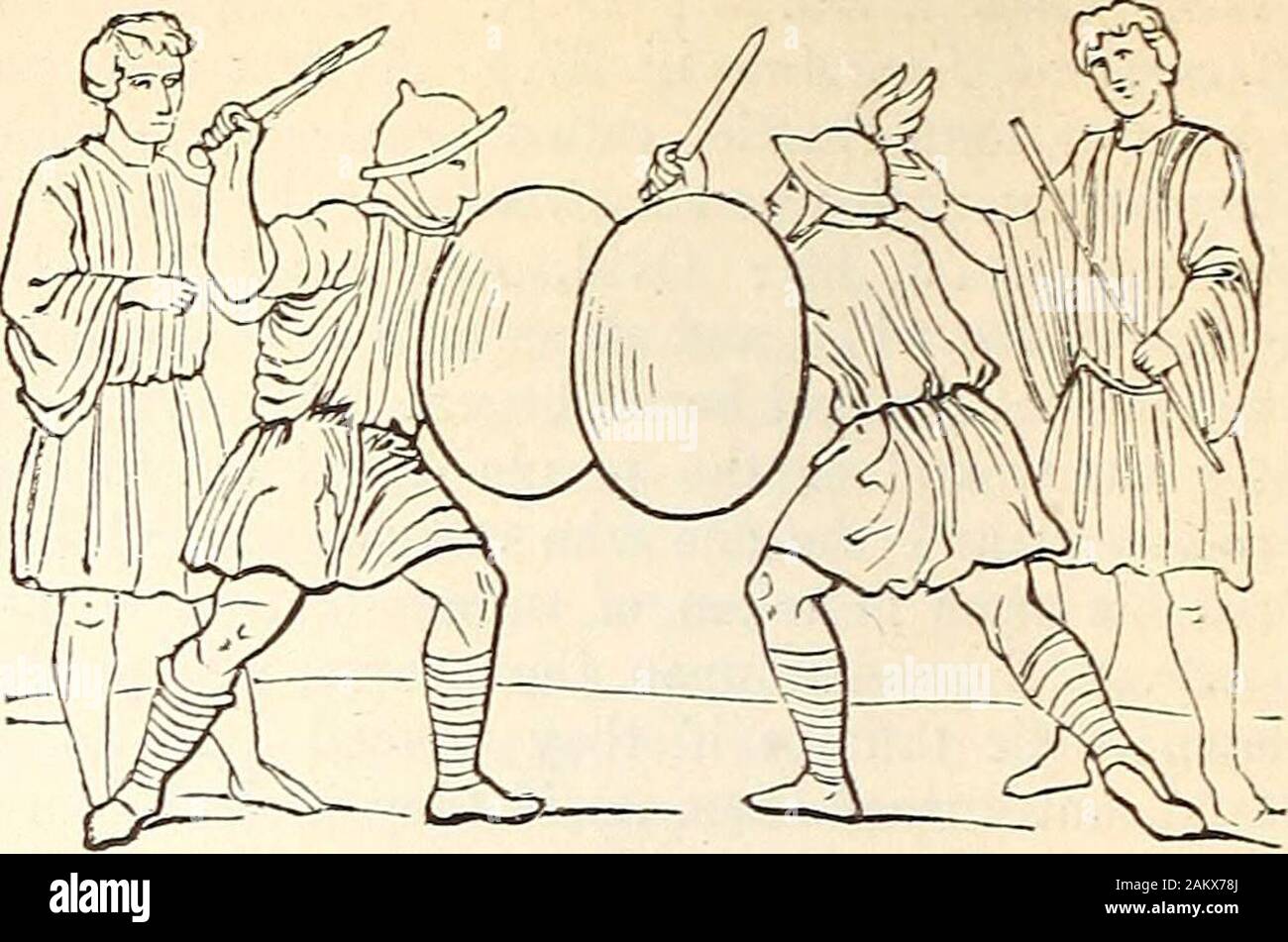 Un dizionario di antichità greche e romane. . Egli vecchio readingin una lettera di Ciceros (ad Att vii. 14) è corretto,Giulio Cesare non aveva meno di 500 secutores in hisludus a Capua ; ma sembra probabile che weought per leggere scutorum invece di secutorum. Supposititii. Vedere Secutores. Tkraces o TJireces erano armati come Thra-cians con un giro di schermo o scudo (Festo, s. v.Thraeces), e una spada corta o di pugnale (SICA, Suet.Cal. 32), che è chiamato falx supina di Giovenale(viii. 201). Essi sono stati in genere abbinata, come alreadystated, con la mirmillones. La xilografia nella colonna thenext, presa p. Foto Stock