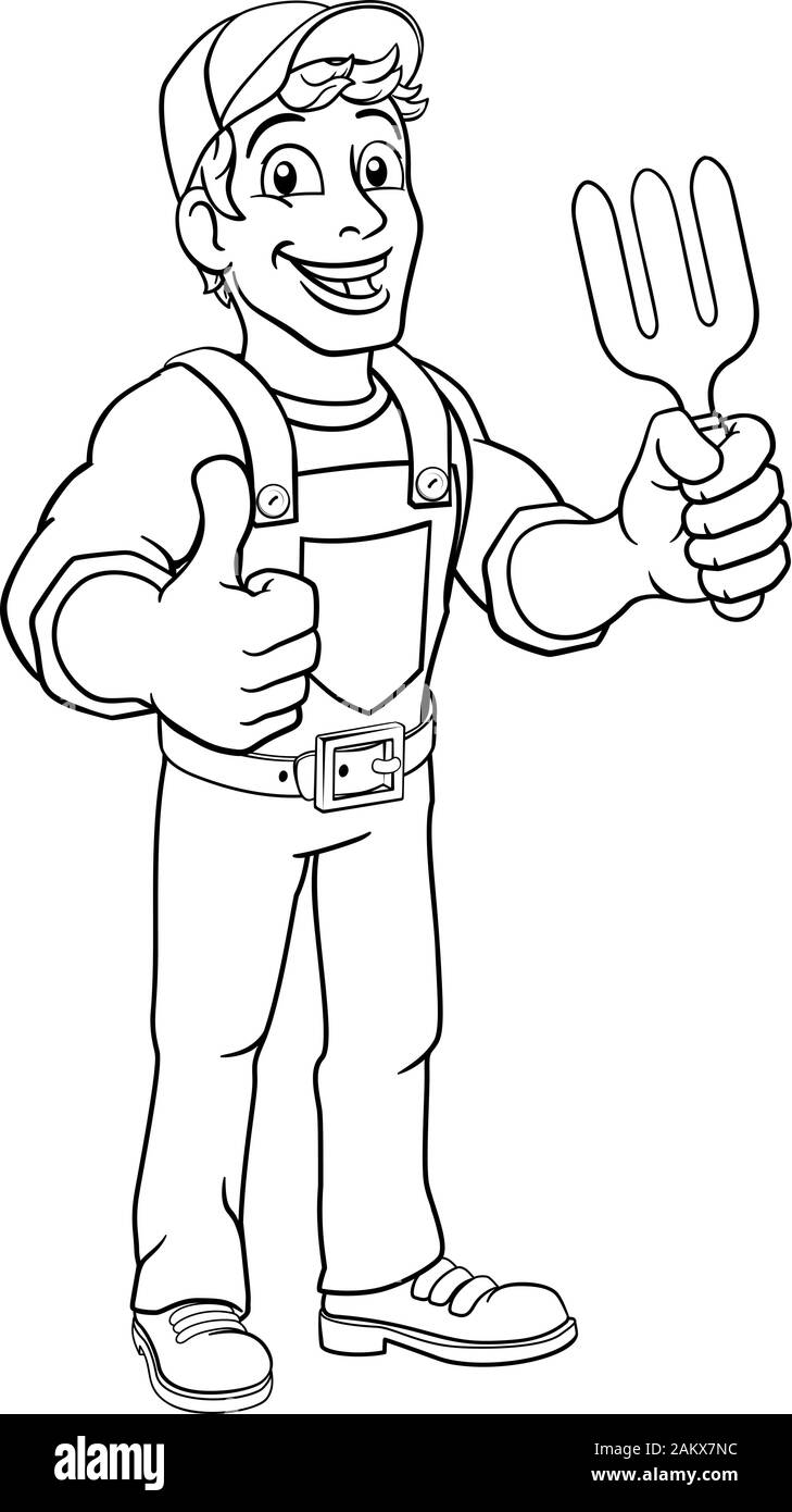 Giardiniere Giardino attrezzo forcella tuttofare Cartoon uomo Illustrazione Vettoriale