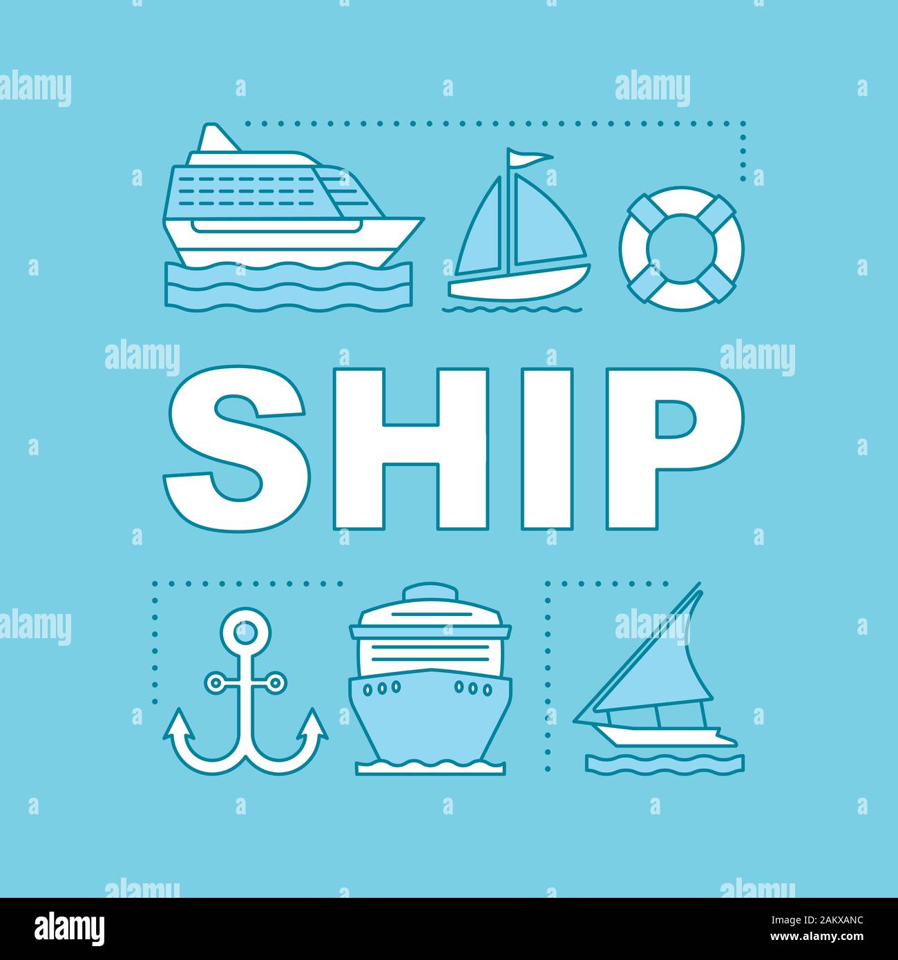 Nave i concetti di parola banner. Voyage, marine viaggi e tour. Il trasporto d'acqua. Nave, barca, yacht, camicia, cruiseship. Presentazione sito web. Lasciare isolata Illustrazione Vettoriale