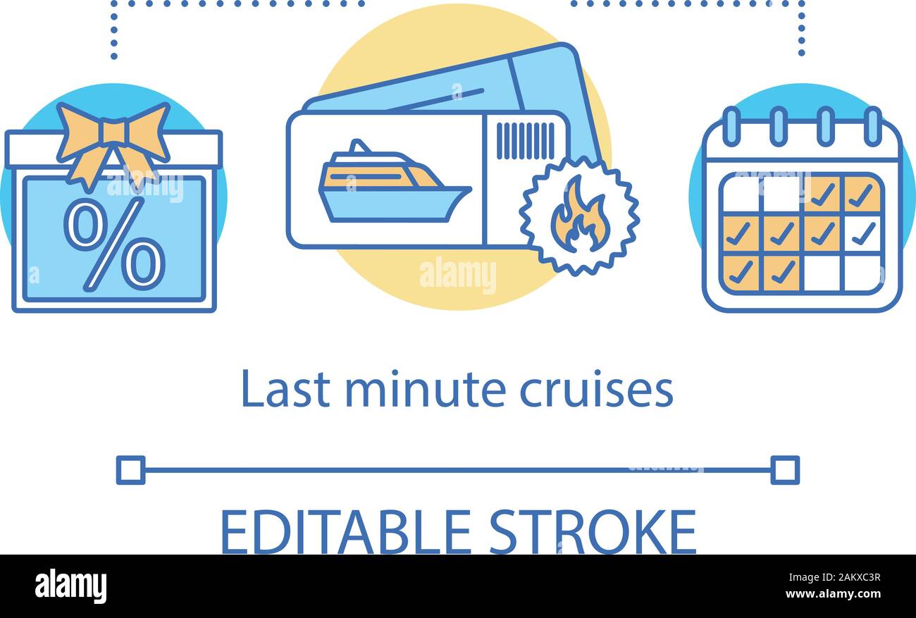 Last minute crociere concetto icona. Agenzia di viaggi idea sottile linea illustrazione. Crociere a basso costo. Sconti e offerte speciali. Viaggio, viaggio di pianificazione. Biglietti Illustrazione Vettoriale