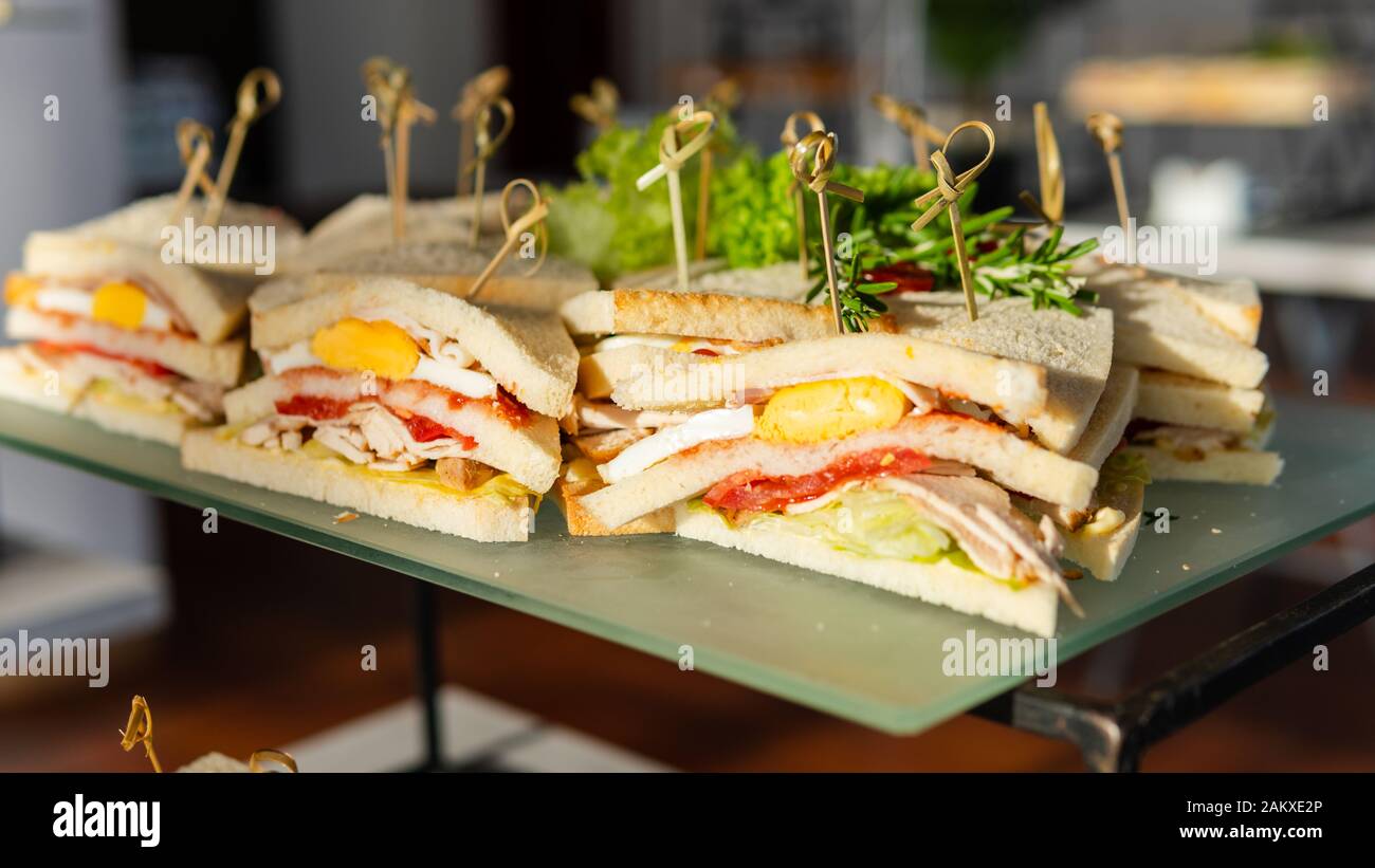 Primo piano di sandwich freschi. Concetto di cibo da asporto, ristorante e servizio di catering Foto Stock