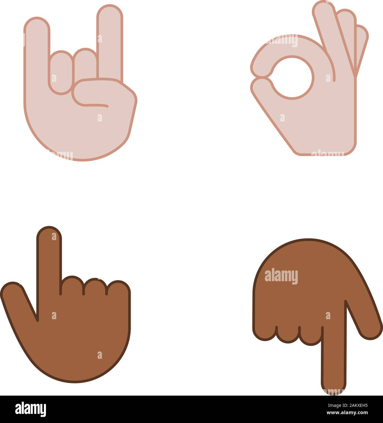 Gesto mano emojis colore set di icone. Sulla roccia, metalli pesanti OK, gesti di approvazione. Scritto indice rivolto verso l'alto e verso il basso. Ruotare indietro il dito indice. Isol. Illustrazione Vettoriale