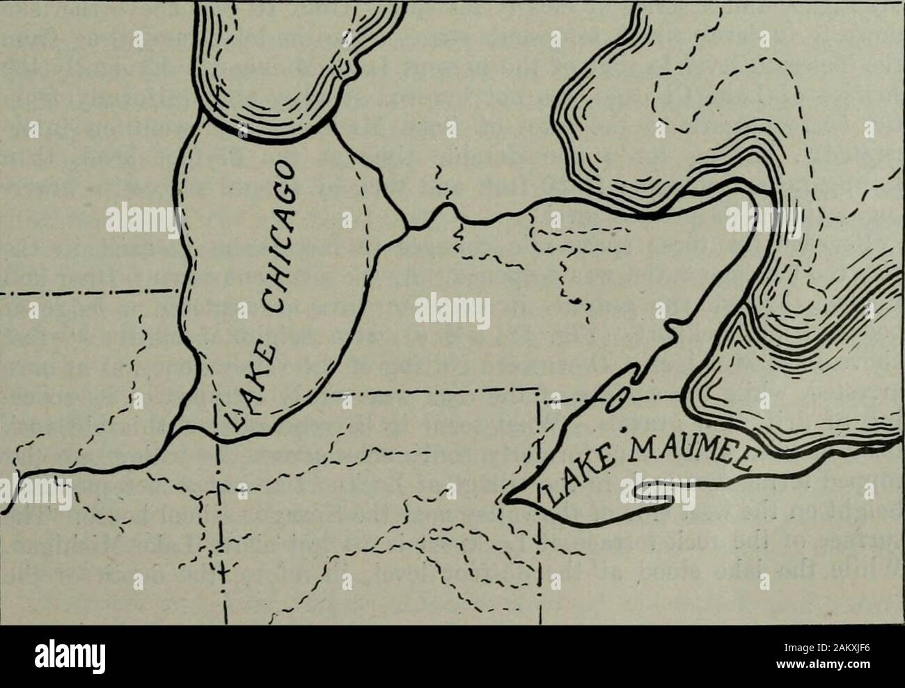 Le caratteristiche fisiche del Des Plaines Valle . Fig. 11. Due fasi di laghi di origine glaciale di Chicago e Mauniee. (Leverett andTaylor.) Il primo potrebbe rappresentare le condizioni a Glenwood stadio; la secondin il Calumet stadio. Avviso l'espansione dei laghi verso nord come borderof il ghiaccio si abbassarono e lo spostamento della bocca di uscita del Lago Maumee da FortWayne al gran fiume, come il passaggio inferiore è stato scoperto dal ghiaccio. 54 Il Des Plaines Valley. [Bull. n. U acque sarebbe in grado di mantenere un tiat-Hoored valley. Con il de-velopment del lago di Chicago a capo di questa valle, il carattere Foto Stock