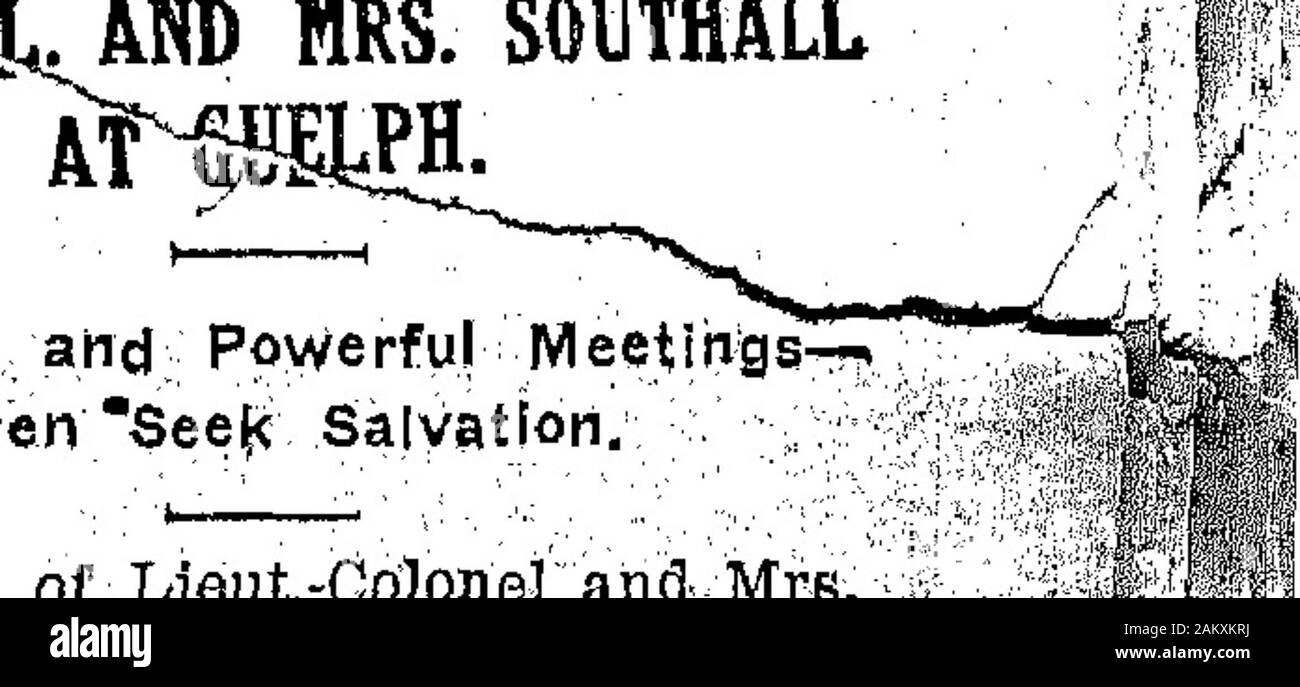 Il grido di guerra . conducendo incontri speciali atStratford ultimo week-end; egli era ac-companied dalla sig.ra Sharp e EnsignRiley, nonché havng il grado come-sistance maggiori e la Sig.ra fieno, Theweather era niente ma gradevole,ma nonostante questo la folla weregood e risultati bello. E* ferano all altare per la pulizia, w ? ? ? ?Otto buoni casi di conversione wi registrato. Il Junors non erano fgotten. Gli ufficiali hanno un buon holdStratford. Guardare fuori per future dtings. LIEUT.-colonnello GASKIN IN WESTTORONTO. La visita di Lieut.-Colonnello GaskhVto West Toronto per la settimana-f -era molto apprecated. Egli w Foto Stock