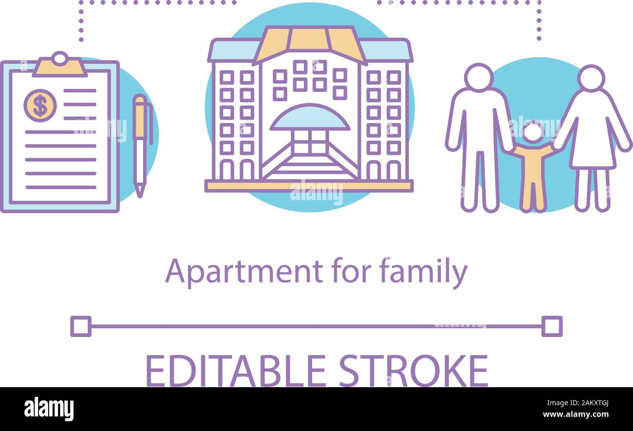 Appartamento per il concetto di famiglia e la relativa icona. Alloggiamento per affitto e vendita. Accordo, multi-store house, i genitori con bambini. Famiglia ipoteca linea sottile illustrazione. V Illustrazione Vettoriale