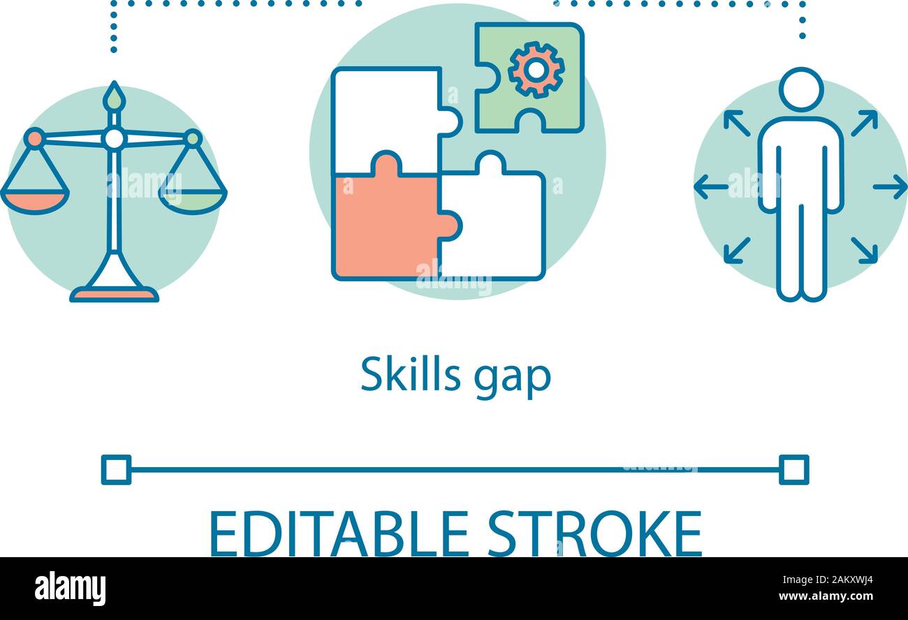 Gap di competenze concetto icona. La mancanza di conoscenza e di esperienza idea sottile linea illustrazione. Preparazione per la forza lavoro. Attività di test. Lavoratore coaching. Vettore i Illustrazione Vettoriale