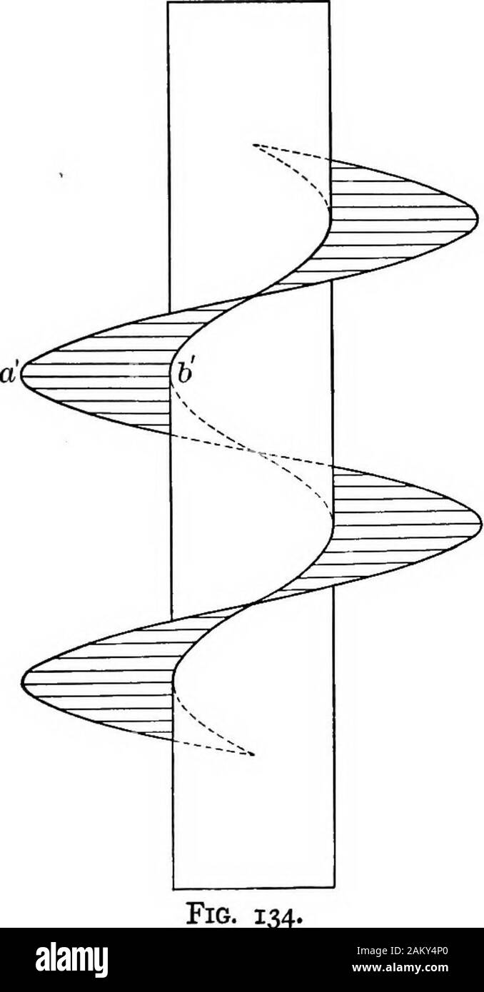 Gli elementi essenziali della geometria descrittiva . elicoide. Nella figura la piazza iXYZ, di cui lalinea Oi è un lato, è stato girato e quindi tagliare nel cil-inder una filettatura quadra, le cui facce sono proprio gli elicoidi.Fig. 134 mostra un diritto superficie elicoidale in forma di solito 168 Essentials di geometria descrittiva utilizzata per nastri trasportatori. I voli sono in diritto di superfici elicoidali evengono montato su un albero. Quando il convogliatore è racchiuso nel cilindro ahollow e ruotava è in grado di erogare materialalong la lunghezza del carter che racchiude. 134. Quando l'asse di un elicoide diventa un cylinde Foto Stock