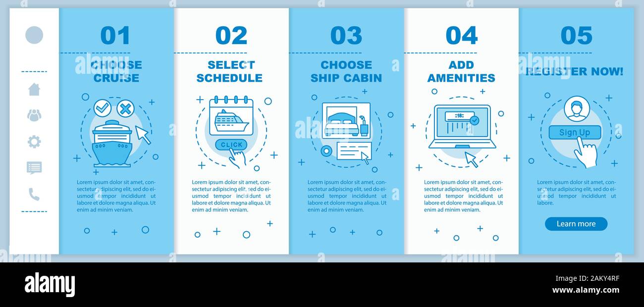 Online prenotazione di crociera di onboarding pagine web mobile template vettoriale. Scegliere Pianifica, aggiungere accessori. Smartphone reattiva interfaccia del sito web di idea. Webpa Illustrazione Vettoriale