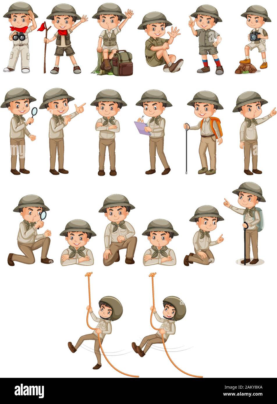 Ragazzo in safari outfit facendo diverse attività su sfondo bianco illustrazione Illustrazione Vettoriale