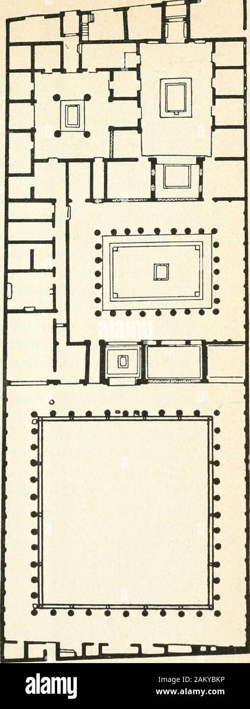 Étrusques -- Roma . rnit onu exemplede eccellente maison romaine. Nous y trouvons deux éléments caractéristi-ques: lorientation vers lintérieur, la disposition des pièces enenfilade de chaque côté dun centrale ax. Ce style de maison traditionnelle va subir de telles modifica-zioni, quau i^ siècle après J.-C. elle semble avoir presque com-plètement disparu. Ces varianti sont dus aux lhellénisation conséquencesde de larchitecture romaine. Latrium de la ami-son ancienne est relativement petit; les colonnes sont absenteset le faîtage riposo sur de simples poutres. Bientôt apparaîtlatrium corinthi Foto Stock