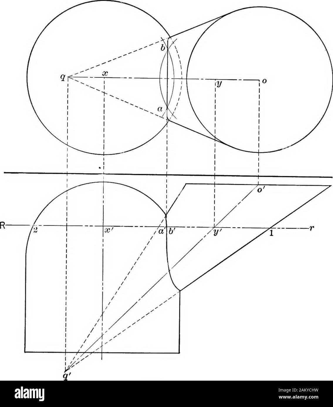 Gli elementi essenziali della geometria descrittiva . Fig. 116. due  elementi dal cilindro. Questi si intersecano in corrispondenza di E e  B,ulteriori due punti sulla curva. Piano ausiliario T individua pointsD e