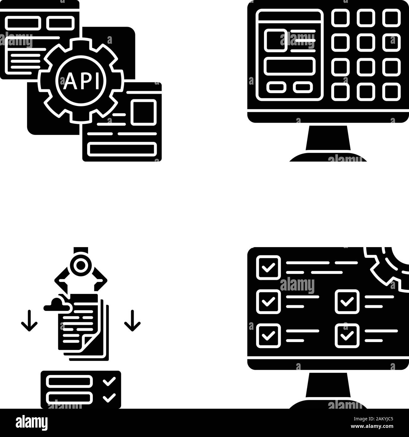 RPA glifo set di icone. Robotica automazione di processo. Lo sviluppo di applicazioni. API, GUI, prove, moduli di riempimento. Robot di software. Automatizzare i flussi di lavoro. Silho Illustrazione Vettoriale