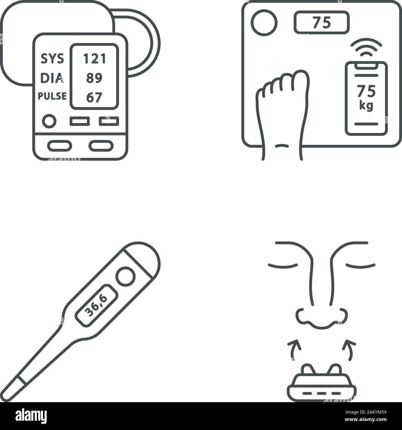 Dispositivi medici lineare set di icone. Monitor della pressione del sangue, peso corporeo bilance intelligenti, termometro, anti russamento clip. Linea sottile simboli di contorno. Isolare Illustrazione Vettoriale