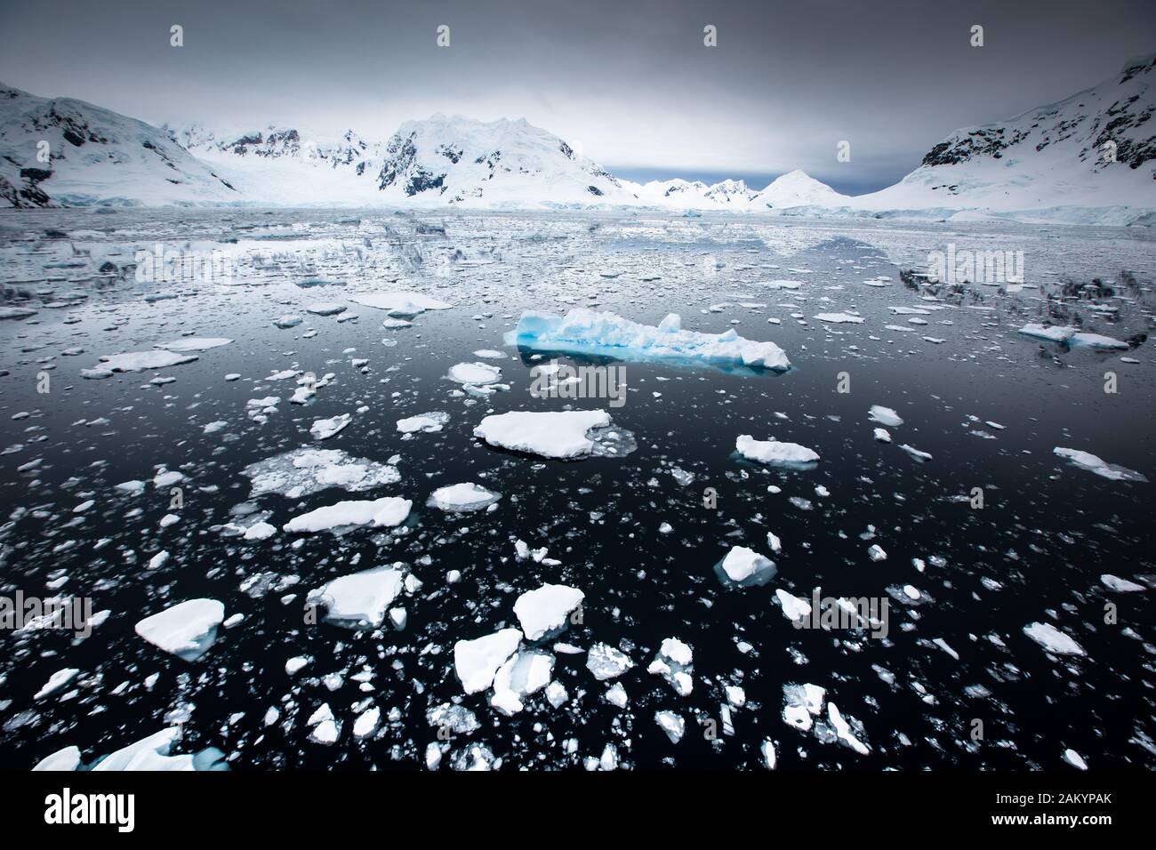 Ghiaccio del ghiacciaio, ghiaccio di cenere, iceberg di fronte alle montagne e ghiacciai della baia del Paradiso con riflessi dell'Oceano, atmosfera dell'Antartide Foto Stock