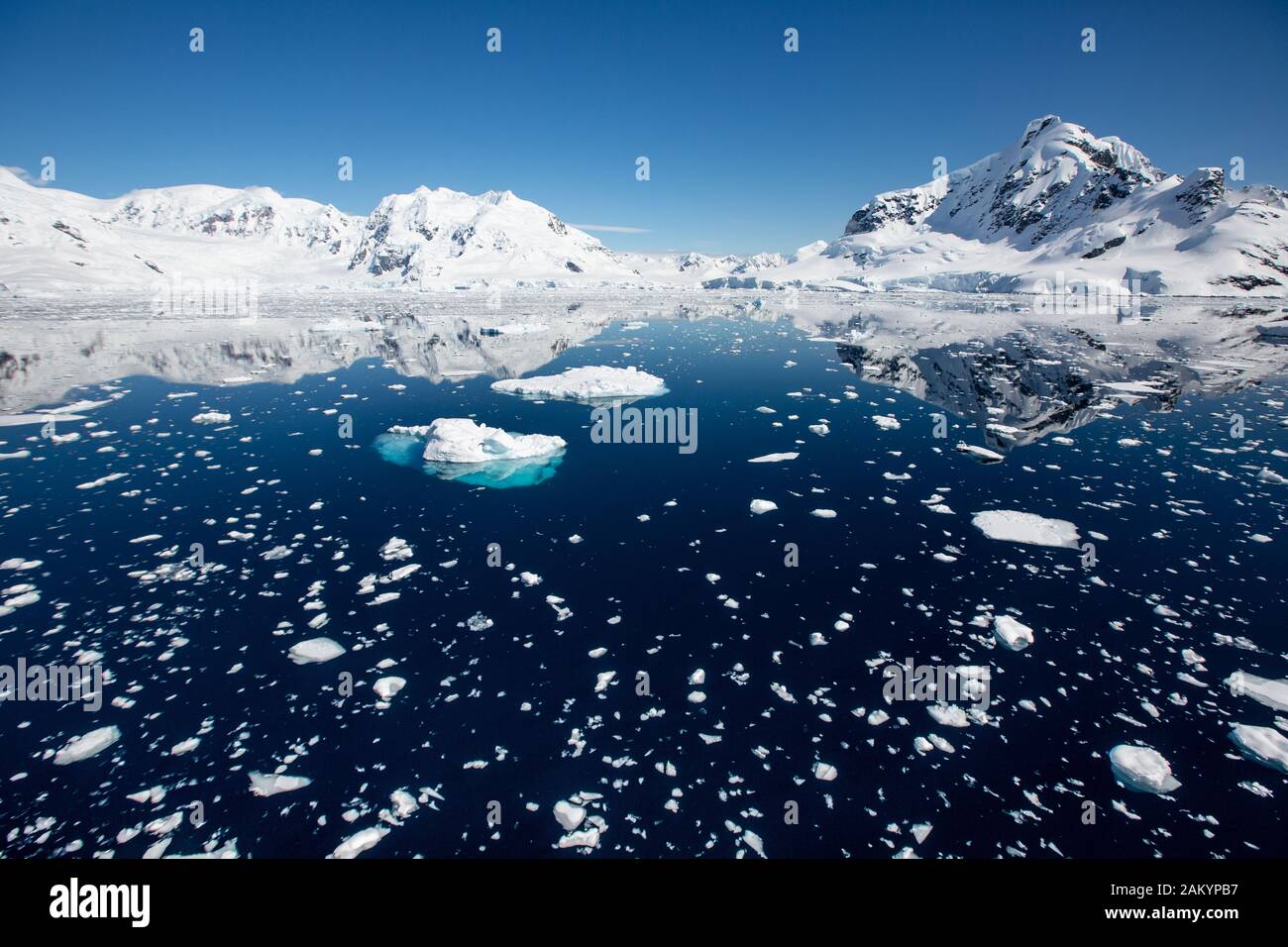 Ghiaccio del ghiacciaio, ghiaccio di brash, ghiaccio del mare con le montagne e ghiacciai della baia del paradiso in sole luminoso con i riflessi, Antartide Foto Stock
