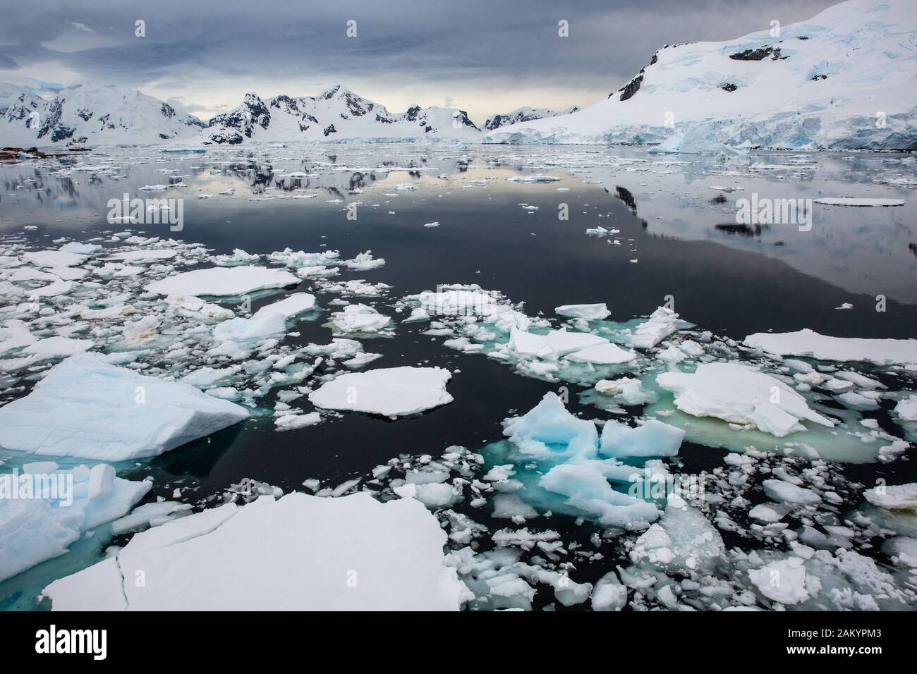 Iceberg, ghiaccio del ghiacciaio, ghiaccio di cenere con ghiacciai e montagne di Antartide e relfections sullo sfondo, Antartide Foto Stock