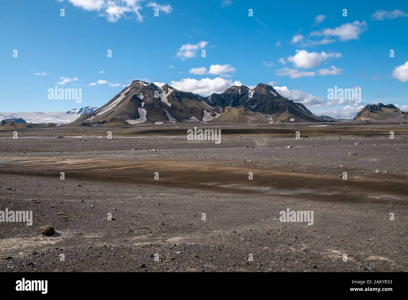 Monte Storkonufell, a sud del Rifugio Hvanngil, sentiero escursionistico di Laugavegur, tratto da Álftavatn a Emstrur, Bunnar, Altopiano Fjallabak, Islanda Foto Stock