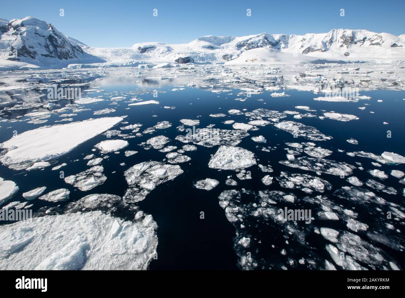 Paesaggio antartico, mare, ghiaccio, ghiacciai e montagne si riflettono nell'oceano in una luminosa giornata di sole Foto Stock