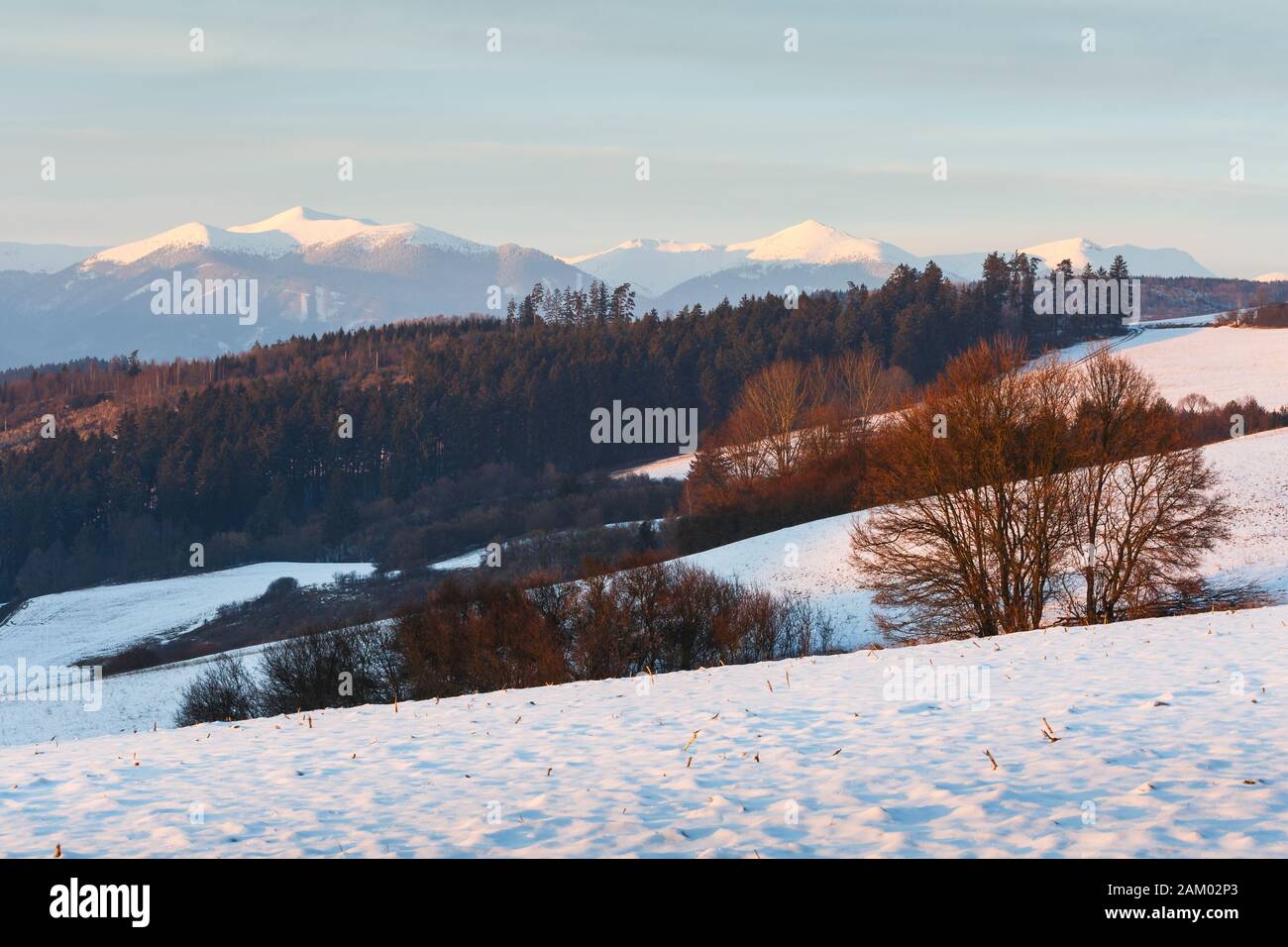 Regione di Turiec e vista di Mala Fatra mountain range in inverno. Foto Stock