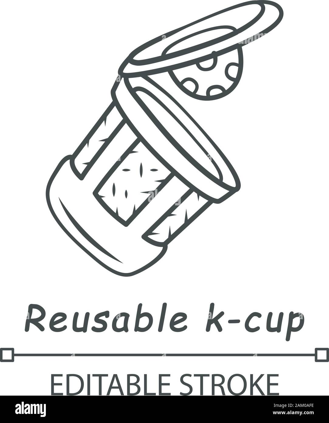 Riutilizzabile k-cup icona lineare. Eco Friendly in plastica tazza di caffè. Unico servono birra pod. Bevande calde pckaging. Linea sottile illustrazione. Simbolo di contorno. Illustrazione Vettoriale