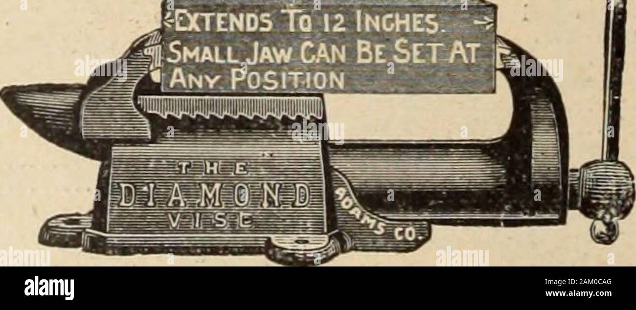 Merchandising Hardware (gennaio-giugno 1902) . PULLMAN ANTA EQUILIBRIO CO., Rochester, N.Y., U.S.A. Morsa di diamante e attrezzatura di perforazione U.S. Brevetto Gen 15,95. Il brevetto canadese Luglio 22,95.. Le ganasce sono affrontate con acciaio % pollici di larghezza, lungo 4 pollici. saldamente fissata alla ganascia, controllato e indurito.VISE pesa 38 libbre. Trapanare pesa 13 libbre.In vendita da cottimisti di Hardware.fatta dal- l'Adams Company, Dubuque, Iowa, U.S.A. Realizzato da A. R. Woodyatt & Co., Guelph, Ont. Foto Stock
