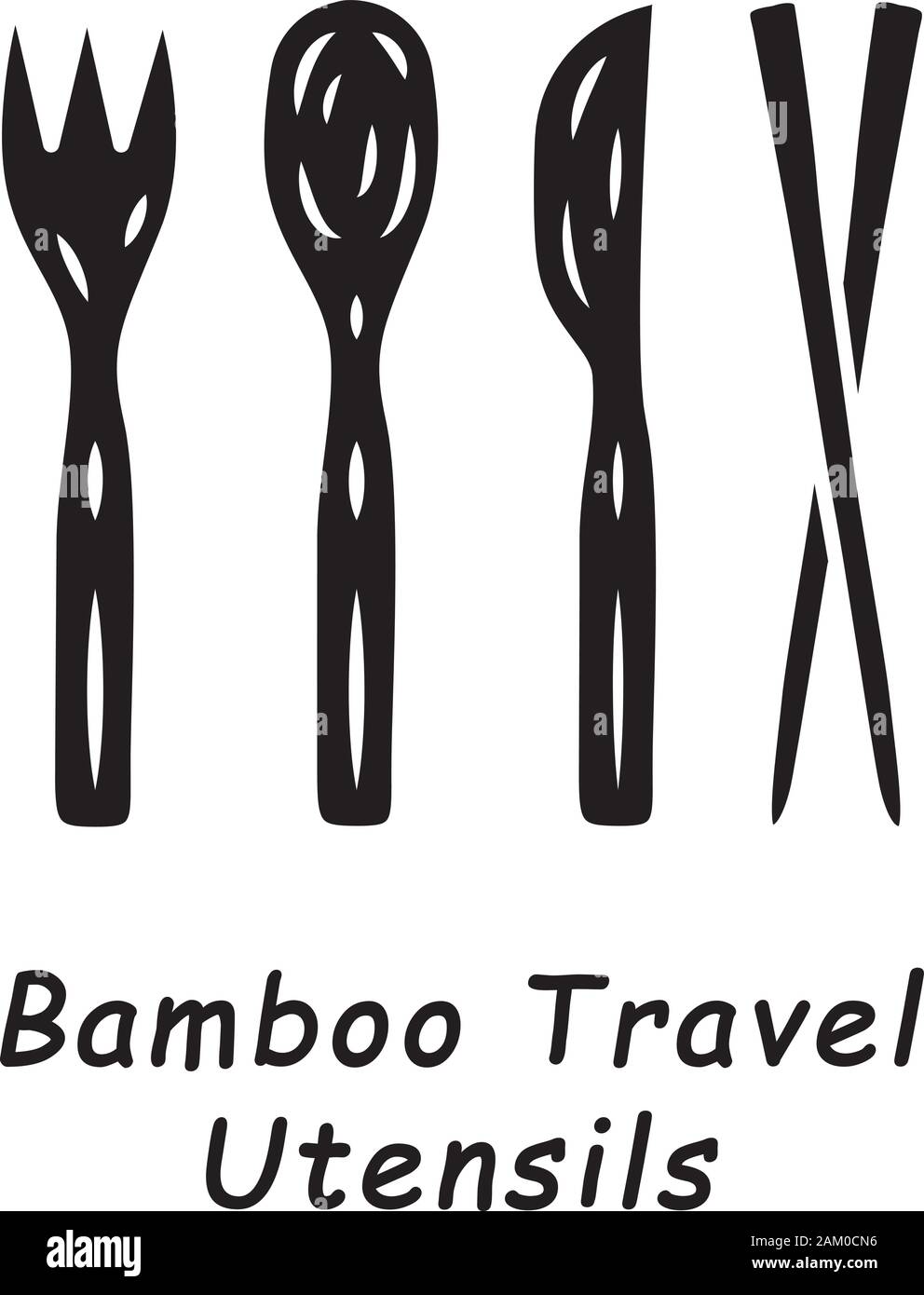 Bamboo utensili da viaggio icona glyph. Monouso e riutilizzabili per posate. Cucchiaio di organico, forcella, coltello, bastoni. Cucina in legno, ristoranti essentials. Silhouette sym Illustrazione Vettoriale