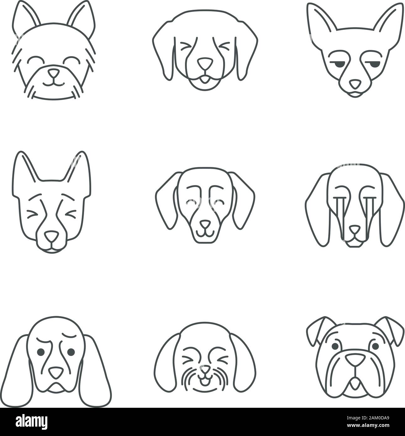 Cani carino kawaii caratteri lineare. Linea sottile icon set. Annoiato Chihuahua. Ridendo Shih Tzu. Strizzare gli occhi Labrador. Gli animali con museruola sorridente. Vecto Illustrazione Vettoriale