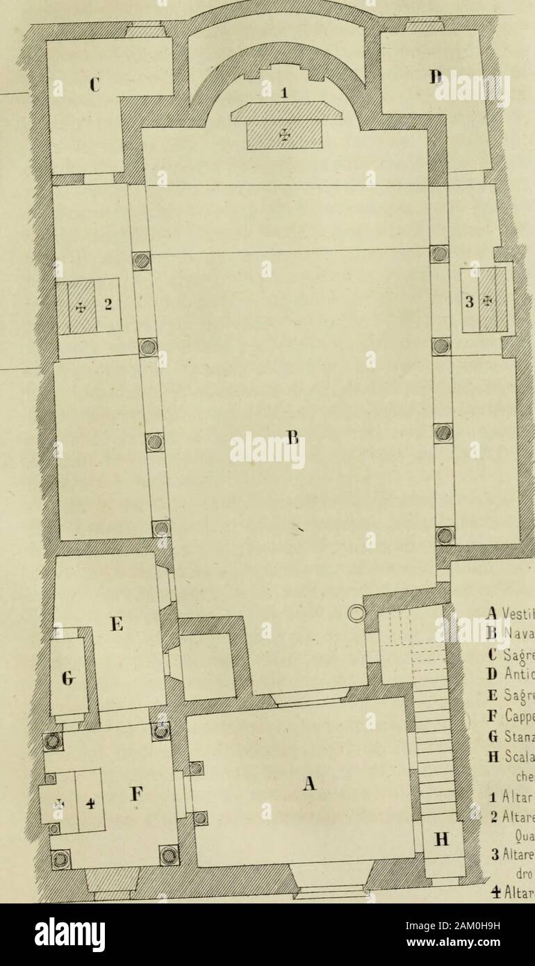 Memorie storiche della chiesa di SBenedetto in Piscinula nel rione Trastevere . arate luna dallai t.r.a. da ottoarchi sostenuti da altrettante colonne, una delle quali scansione nellata di cipollino, n.a. di marmo bigio, quattro di granitobigio, e a causa di granito rosso, coi loro parque capitelli di varii o-dine, e basi attiche, vieni al presente ritrovasi, e comesembra essere stata costruita fin dal principio; confermandoquesta supposizione anche la qualità del suo pavimento, cheè in parte composto di piccoli frammenti di porfido e ser-pentino commessi insieme a disegni che formano loperaconosciuta sotto il n Foto Stock