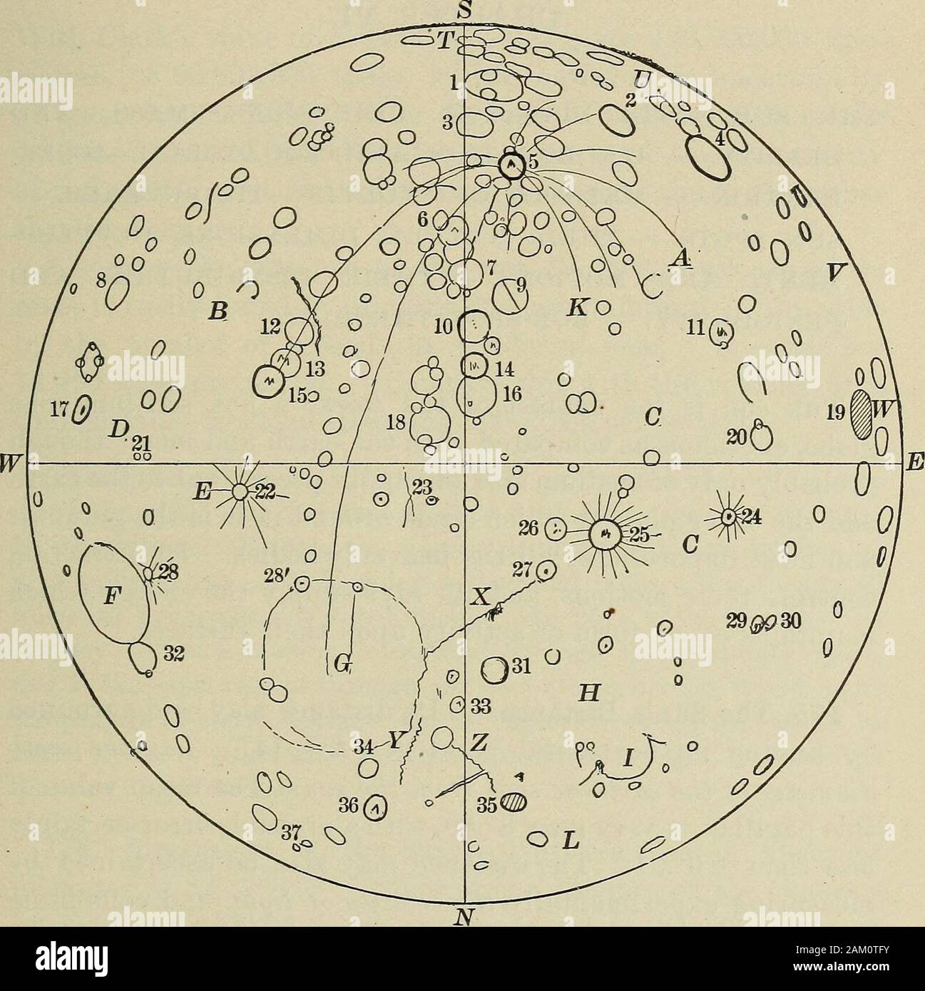 Gli elementi di astronomia; un libro .. 3. Maginus. 16. Tolomeo. 28. Plinio. 4. Schickard. 17. Langrenus. 29. Aristarco. 5. Tycho. 18. Ipparco. 30. Erodoto. 6. Walther. 19. Grimaldi. 31. Archimede. 7. Purbach. 20. Flamsteed. 32. Cleomedes. 8. Petavius. 21. Messier. 33. Aristillus. 9. La stazione ferroviaria. 22. Maskelyne. 34. Eudosso. 10. Arzachel. 23. Triesnecker. 35. Plato. 11. Gassendi. 24. Keplero. 36. Aristotele. 12. Catherina. 25. Copernico. 37. Endimione. 13. Cirillo. 26. Stadius. 174. Fotografia lunare. - È probabile che la questione ofchanges sulla superficie lune sarà presto aut Foto Stock